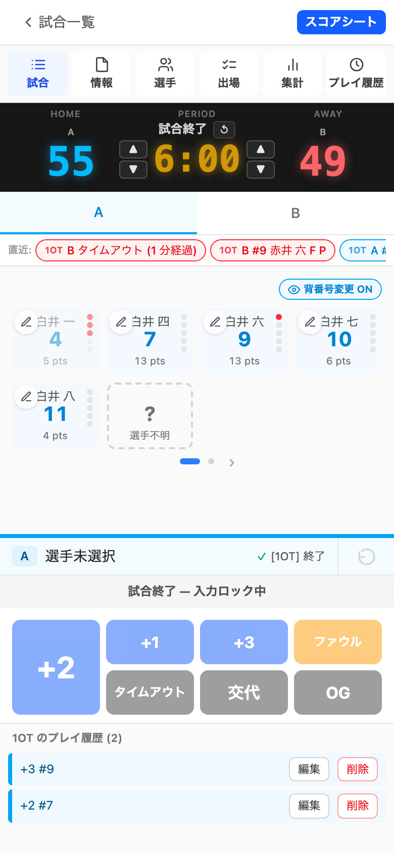 試合中の入力画面。スコア 55-49、選手カードと得点・ファウル等の大きなアクションボタン